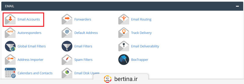 برای ساخت ایمیل اکانت در کنترل‌پنل Cpanel، وارد صفحه اصلی کنترل‌پنل خود شوید و در قسمت Mail روی Email Accounts کلیک کنید.
