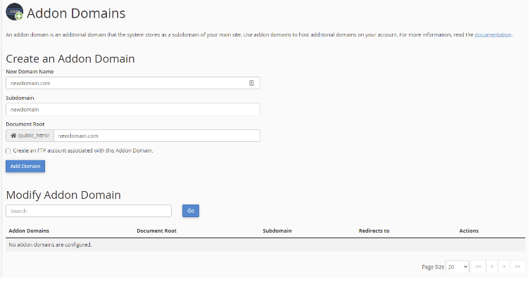از صفحه addon domains، می‌توانید دامنه‌های دیگری را تنظیم کنید که به زیر دامنه‌های اکانت شما اشاره می‌کنند. نام دامنه را در قسمت New Domain Name وارد کنید. فیلدهای Subdomain و Document Root براساس نام دامنه‌ای که وارد می‌کنید، از قبل پر می‌شوند. در صورت تمایل می‌توانید از پیش‌فرض استفاده کنید یا آن را سفارشی کنید.