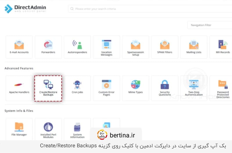 شروع بک آپ گیری از سایت در دایرکت ادمین با کلیک روی گزینه Create/Restore Backups