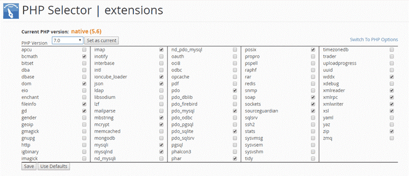 PHP selector extension in cpanel