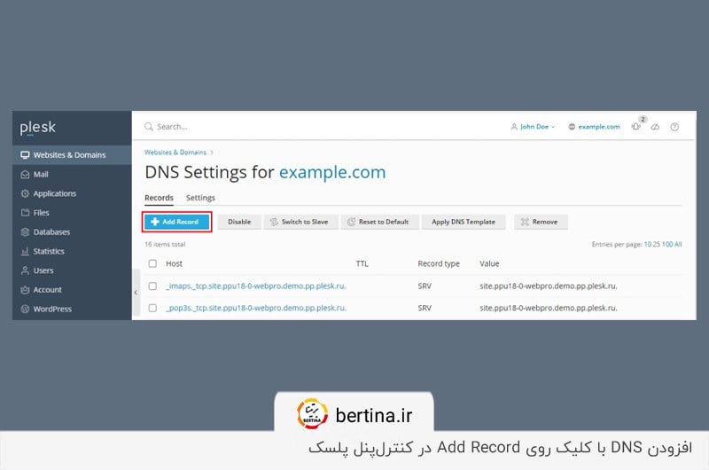 ورود به DNS Settings پلسک برای اتصال دامنه به سرور مجازی