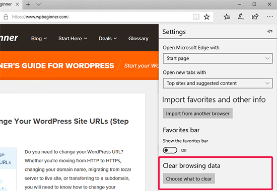 clear browsing data inedge