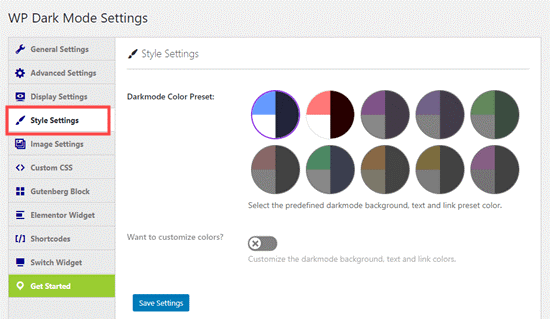 dark mode - style settings