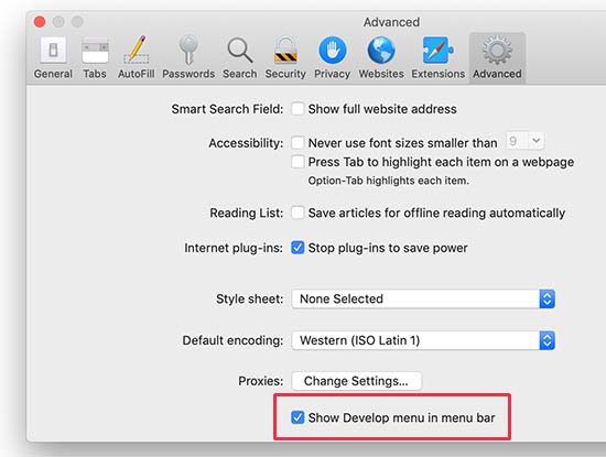 develop menu in safari