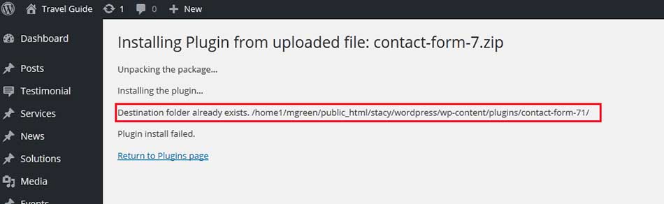 رفع ارور Destination Folder Already Exists در وردپرس