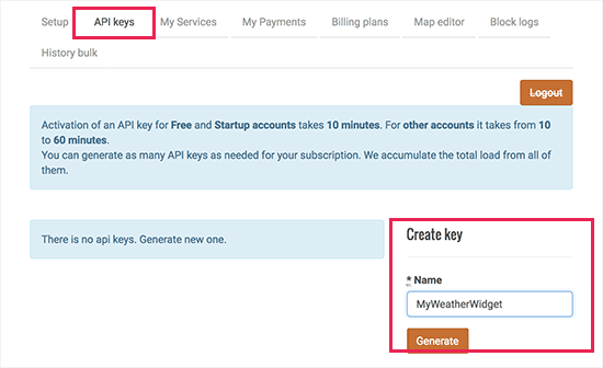 Generate API Keys in OpenWeatherMap