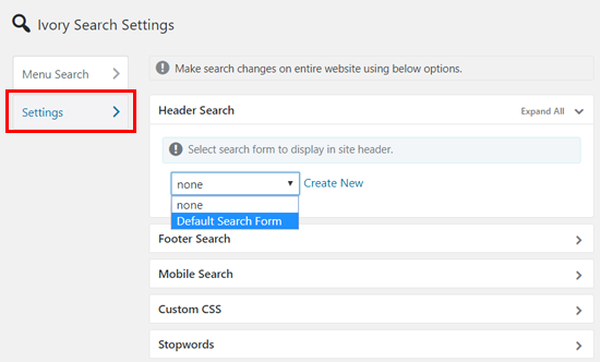 ivory search more settings