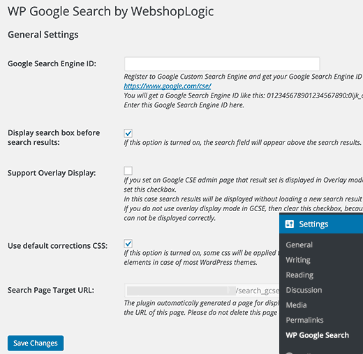 تنظیمات افزونه wp google search